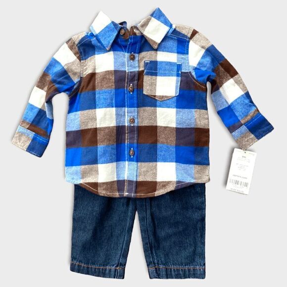 Carter's Cotton Flannel Button Up Blue Checkered Flannel and Jean 2 Piece Set Si - Picture 1 of 7